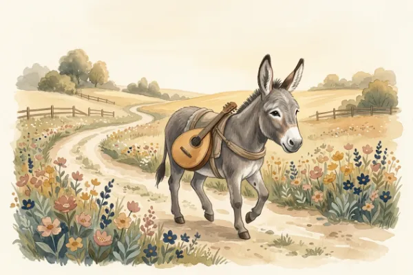 Alter Esel wandert mit einer Laute über eine Landstraße – Illustration zum Märchen