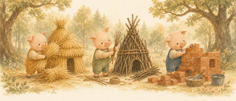 Illustration zum Märchen: die drei kleinen Schweinchen bauen am Waldrand ihre Häuser aus Stroh, Ginsterzweigen und Ziegelsteinen