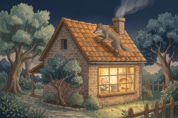 Der Wolf klettert über das Dach zum Kamin des Ziegelhauses, während das dritte Schweinchen im Haus einen Topf über das Feuer hängt.