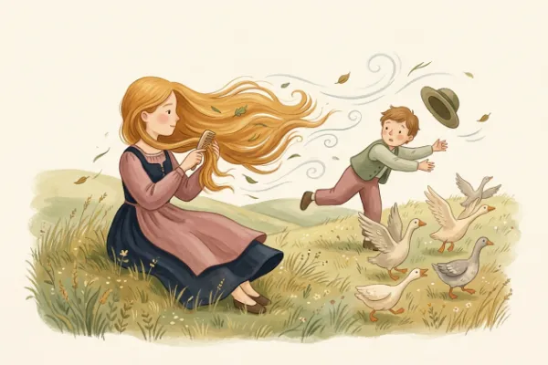 Die Gänsemagd kämmt auf der Wiese ihr goldenes Haar, während der Wind dem Gänsejungen den Hut davonweht