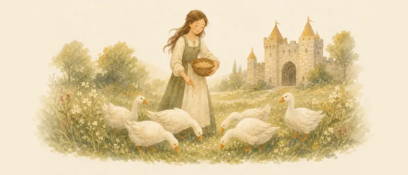 Die Gänsemagd hütet mit ihrer Gänseherde die Wiese vor dem finsteren Stadttor – Titelbild zum Märchen zum Vorlesen und Anhören