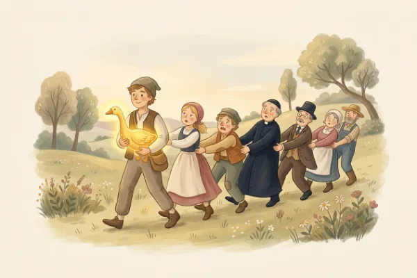 Sieben Menschen laufen als lange Kette hinter dem Dummling und der goldenen Gans über ein Feld, Illustration im eigenen Stil