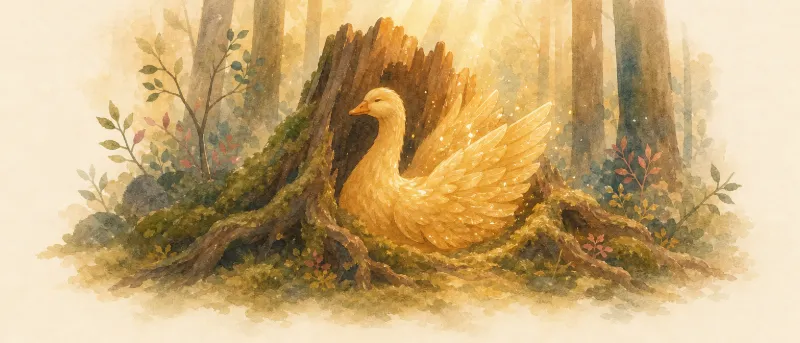 Die goldene Gans mit leuchtend goldenen Federn sitzt in den Wurzeln eines gefällten Baumes, warmes Abendlicht fällt durch die Bäume