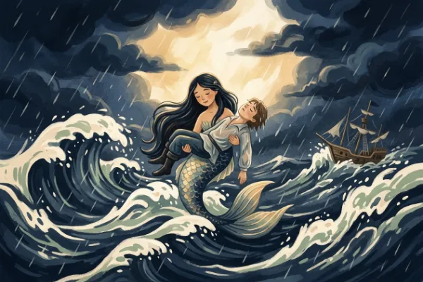 Illustration zur Nacherzählung: Die kleine Meerjungfrau hält den Prinzen über Wasser, während das Schiff im Sturm sinkt
