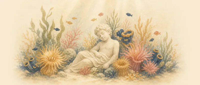 Die kleine Meerjungfrau Märchen: Unterwassergarten mit roten Blumen und einer Marmorstatue als Titelbild der Nacherzählung