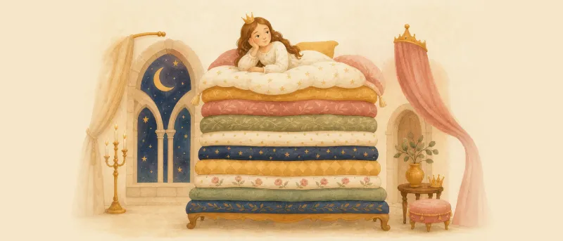 Illustration zu Die Prinzessin auf der Erbse: eine Prinzessin liegt hoch oben auf einem Turm aus Matratzen und Eiderdaunendecken
