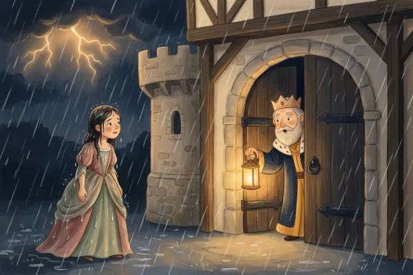 Regennasse Prinzessin steht in der Gewitternacht vor dem Stadttor eines Märchenschlosses