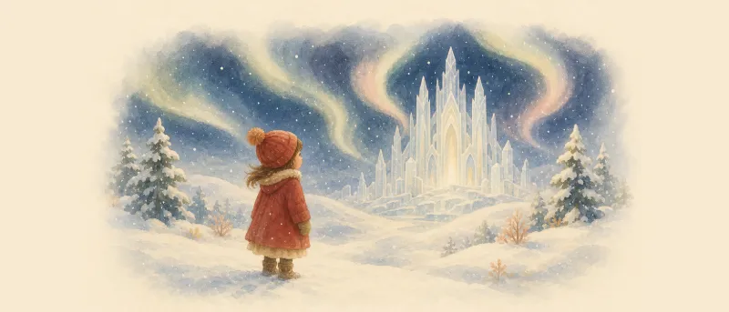 Titelbild zu Die Schneekönigin: Gerda steht im Schnee vor dem Schloss aus Eis, über ihr leuchten Nordlichter und wirbeln Schneeflocken.