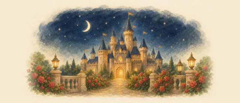 Die Schöne und das Biest – das Märchen: ein hell erleuchtetes Schloss im Mondschein, davor ein Rosenstrauch mit roten Blüten
