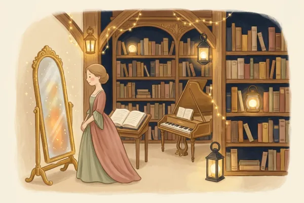 Illustration zum Märchen: eine junge Frau blickt in einen großen Spiegel im Schlosszimmer, daneben Bücher und ein Klavier