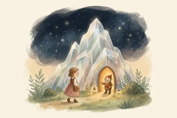 Ein Mädchen steht vor dem gläsernen Berg und öffnet das Tor – Illustration zur Szene mit dem Zwerglein im Märchen Die sieben Raben