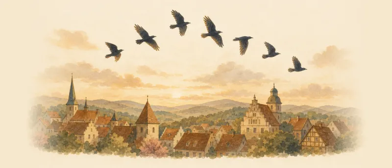 Sieben schwarze Raben fliegen über die Dächer eines Dorfes – Titelillustration zu Die sieben Raben, dem Märchen zum Vorlesen und Anhören