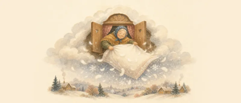 Frau Holle schüttelt ihr Federbett, die Federn fliegen wie Schneeflocken – Titelbild zum Märchen Frau Holle