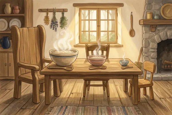 Drei Schüsseln mit dampfendem Brei auf dem Holztisch im Bärenhaus – Illustration zur Geschichte