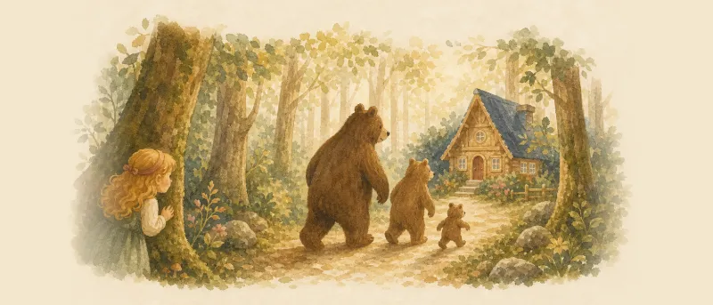 Goldlöckchen und die drei Bären vor dem Holzhaus im Wald – Titelbild zum Märchen zum Vorlesen