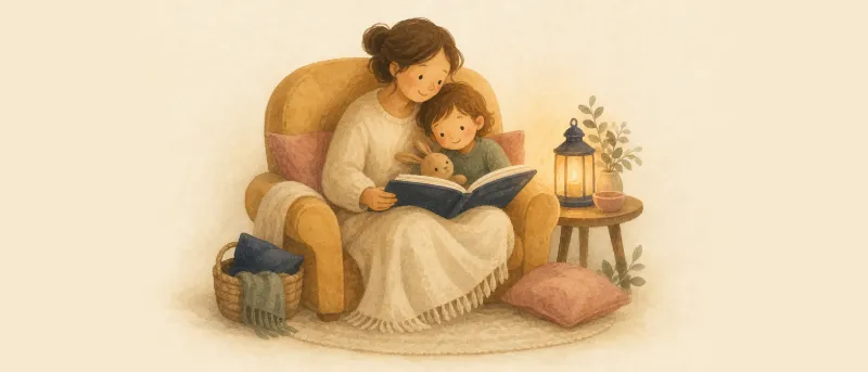 Grimms Märchen: gemütliche Vorleseecke mit aufgeschlagenem Märchenbuch und warmem Licht