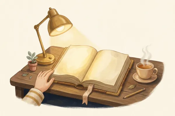 Aufgeschlagener alter Märchenband auf einem Holztisch im warmen Lampenschein – Grimms Märchen als Buch
