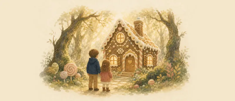 Hänsel und Gretel Märchen: Illustration der beiden Geschwister vor dem Knusperhaus aus Brot, Kuchen und Zucker