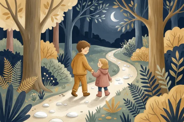Hänsel und Gretel Märchen: Die beiden Geschwister wandern auf einem Waldweg, auf dem weiße Kieselsteine im Mondlicht schimmern.