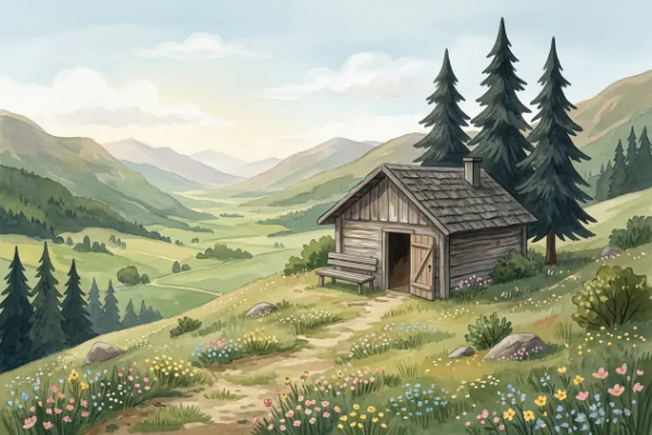 Almhütte mit drei alten Tannen und einer Holzbank davor – Illustration zur Geschichte von Heidi auf der Alm