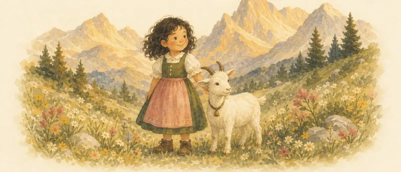 Heidi Geschichte: Ein Mädchen mit krausem Haar steht neben einer Ziege auf einer Almwiese, dahinter glühen die Berge im Abendlicht