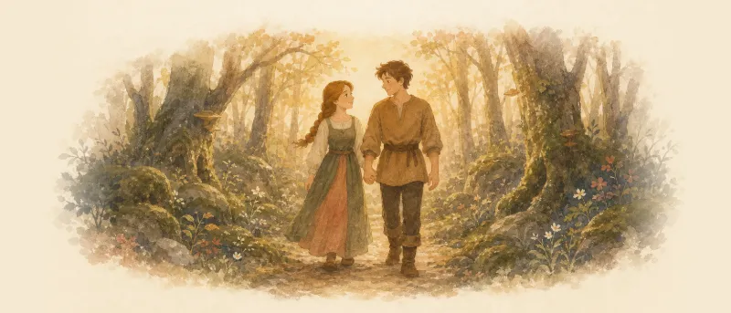 Jorinde und Joringel gehen Hand in Hand durch einen dichten Wald im warmen Abendlicht.