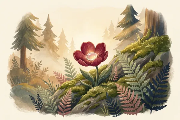 Eine blutrote Blume mit einem glänzenden Tautropfen in der Mitte, zu Jorinde und Joringel