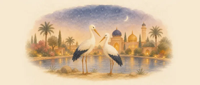 Kalif Storch: Der verzauberte Kalif Chasid und sein Großwesir stehen als Störche am Teich vor den Toren von Bagdad