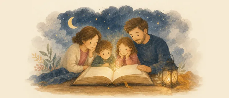 Märchen-Liste: aufgeschlagenes Märchenbuch mit Laterne und Sternenhimmel