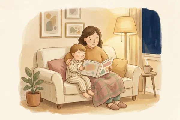 Vorlesen am Abend: Erwachsener und Kind mit aufgeschlagenem Märchenbuch auf dem Sofa