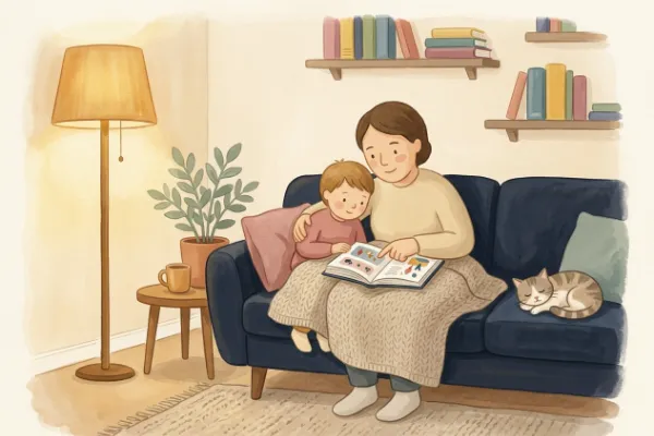 Illustration: Erwachsener und Kind kuscheln beim Vorlesen eines Märchens auf dem Sofa