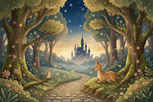 Illustration: Verwunschener Märchenwald mit Tieren und einem Schloss im Hintergrund