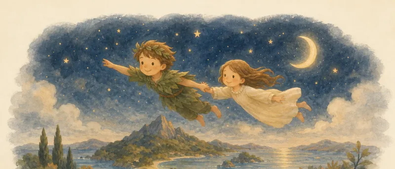 Peter Pan Geschichte: Peter und Wendy fliegen im Sternenlicht über die Insel Nimmerland.