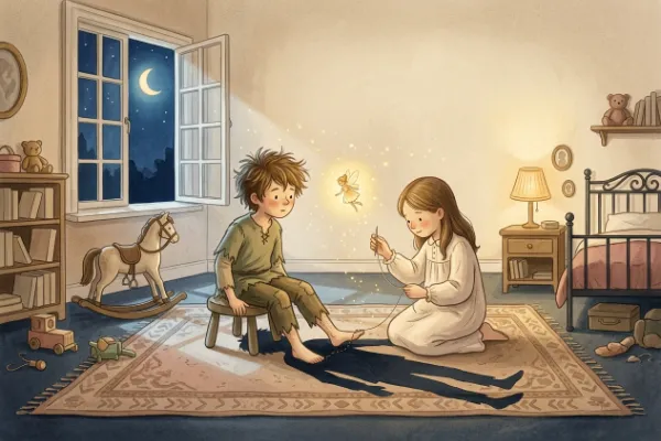 Illustration, wie Wendy im Kinderzimmer Peters Schatten annäht, während Tinkerbell daneben schwebt
