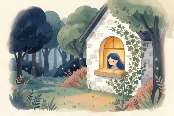Mädchen mit dunkelblauen Haaren am Fenster eines kleinen weißen Hauses aus der Pinocchio-Nacherzählung
