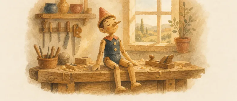 Pinocchio Geschichte: Eine Holzpuppe mit langer Nase sitzt auf der Werkbank eines Holzschnitzers