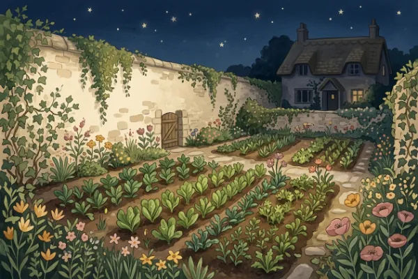 Illustration zum Märchen Rapunzel: das Beet mit Rapunzeln im ummauerten Garten der Zauberin