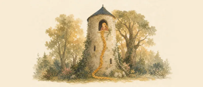 Rapunzel-Märchen: das Mädchen mit dem langen Zopf lässt am Turm im Wald sein Haar zum Fenster hinunter
