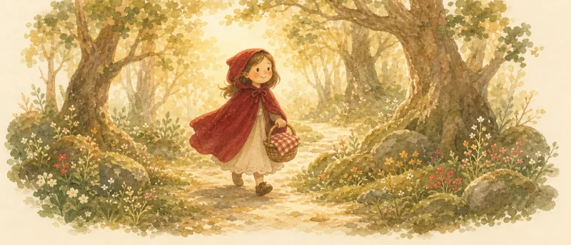 Rotkäppchen-Märchen: kleines Mädchen mit rotem Samtkäppchen und Korb auf dem Waldweg – Titelbild zum Märchen zum Vorlesen und Anhören