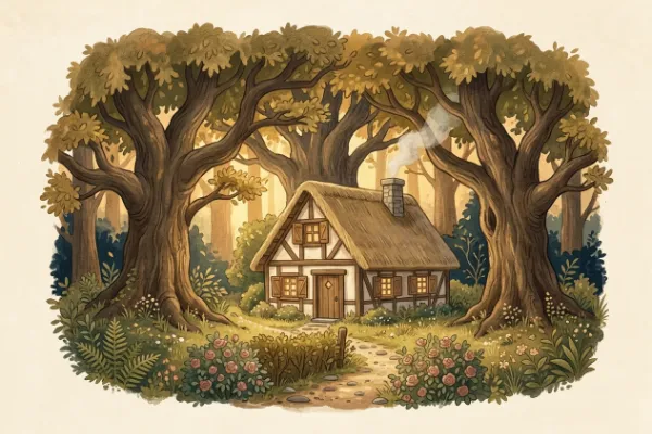 Illustration vom kleinen Haus der Großmutter im Wald unter drei großen Eichbäumen, wie im Rotkäppchen-Märchen
