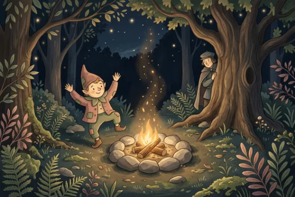Das Männchen hüpft im Wald auf einem Bein um ein Feuer, während der Bote hinter einem Baum lauscht