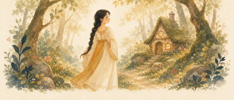 Schneewittchen steht vor dem kleinen Waldhaus der sieben Zwerge – Illustration zum Märchen Schneewittchen