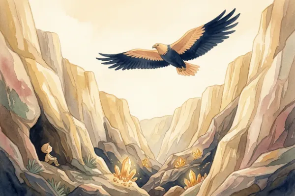 Der Riesenvogel Roch fliegt über das Tal der Diamanten – Illustration zur Geschichte von Sindbad dem Seefahrer