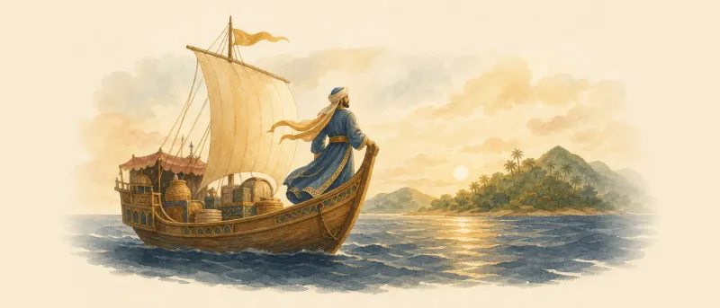 Sindbad der Seefahrer steht am Bug seines Segelschiffs und blickt auf eine grüne Insel – Titelbild zum Märchen zum Vorlesen und Anhören