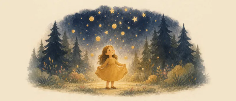 Illustration zum Sterntaler Märchen: Ein Mädchen steht im dunklen Wald, während Sterne als glänzende Taler vom Himmel fallen