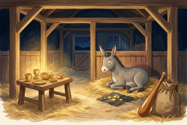 Illustration der drei Wunderdinge aus dem Märchen Tischlein deck dich: Holztischchen, Esel und Sack mit Knüppel
