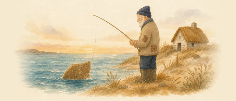 Illustration zum Märchen vom Fischer und seiner Frau: Ein Fischer steht mit seiner Angel am Ufer, im Wasser schaut ein großer Butt zu
