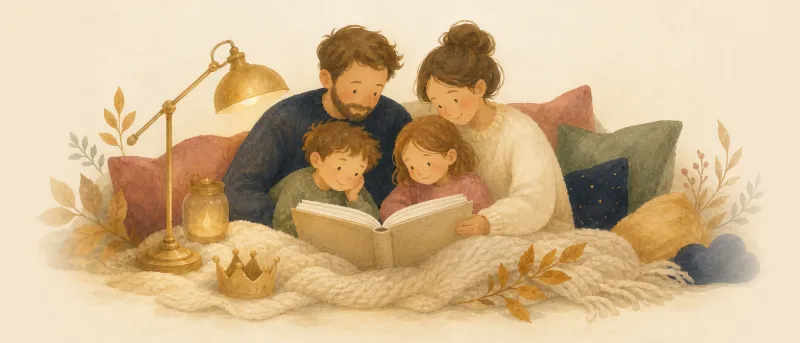 Gemütliche Vorleseecke mit aufgeschlagenem Märchenbuch, warmem Licht und Kuscheldecke – Märchen zum Vorlesen für Kinder