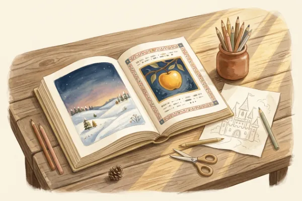 Aufgeschlagene Märchenbuchseite mit klassischen Märchenmotiven und danebenliegendem Ausmalbild auf einem Holztisch