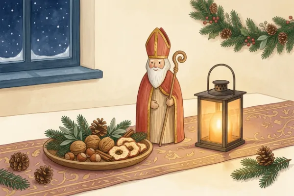 Nikolausfigur mit Mitra und weitem Mantel neben einem gefüllten Gabenteller